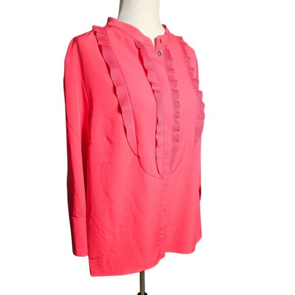 Boden Tops - Boden Pleated Ruffle Bright Pink Button up Blouse Stand up Collar Size 14